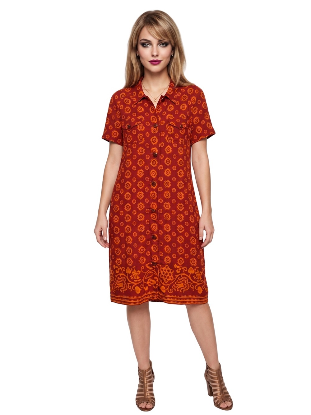 VINTAGE Orange Gold ShortSleeve Button Front Midi ShirtDress Batik  Lined Unique